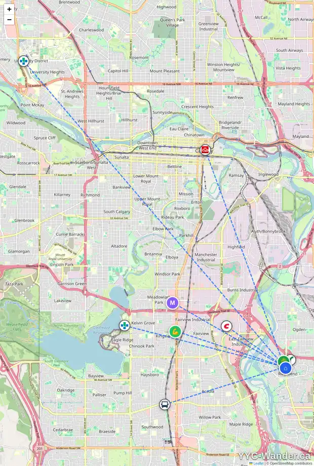 Daily accessibility map for 43 RIVERBIRCH CR SE, Calgary showing nearby schools, grocery stores, parks, LRT stations and nearby amenities