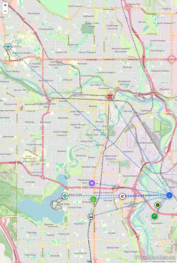 Daily accessibility map for 7020 22A ST SE, Calgary showing nearby schools, grocery stores, parks, LRT stations and nearby amenities