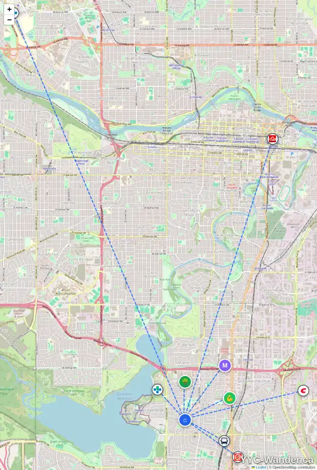 Daily accessibility map for 53 CHEROVAN DR SW, Calgary showing nearby schools, grocery stores, parks, LRT stations and nearby amenities