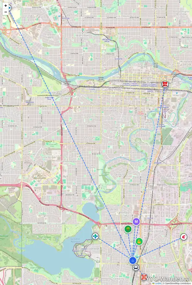 Daily accessibility map for 8212 4A ST SW, Calgary showing nearby schools, grocery stores, parks, LRT stations and nearby amenities