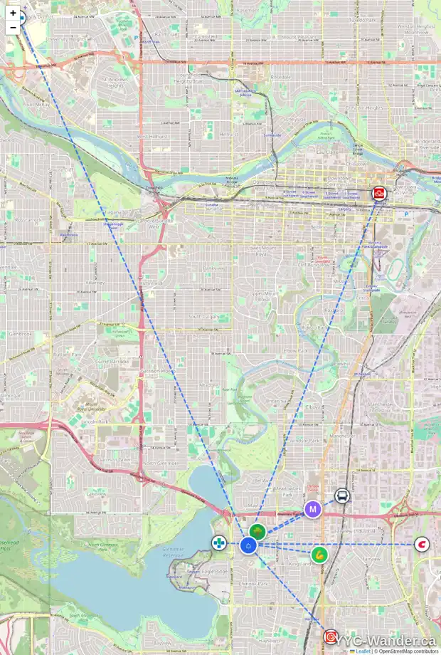 Daily accessibility map for 7227 KANANASKIS DR SW, Calgary showing nearby schools, grocery stores, parks, LRT stations and nearby amenities