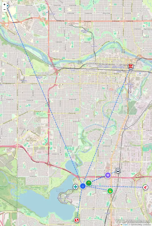 Daily accessibility map for 1407 70 AV SW, Calgary showing nearby schools, grocery stores, parks, LRT stations and nearby amenities
