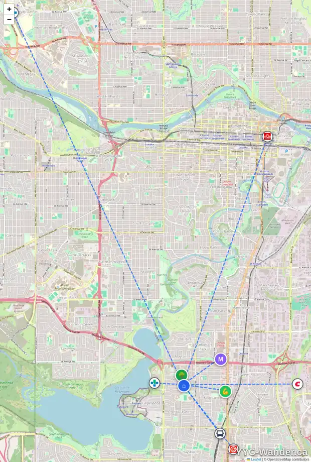 Daily accessibility map for 1028 KERFOOT CR SW, Calgary showing nearby schools, grocery stores, parks, LRT stations and nearby amenities