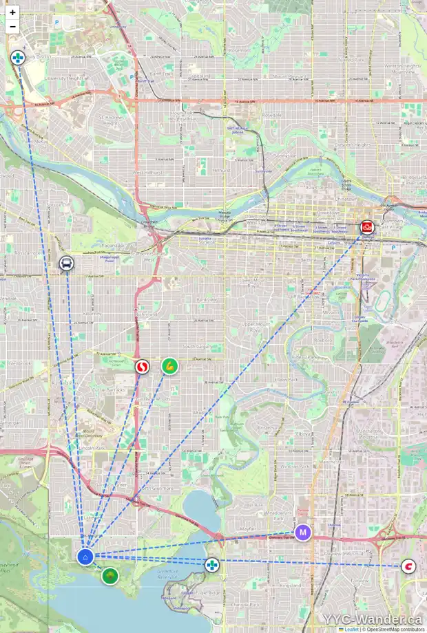 Daily accessibility map for 6914 LIVINGSTONE DR SW, Calgary showing nearby schools, grocery stores, parks, LRT stations and nearby amenities