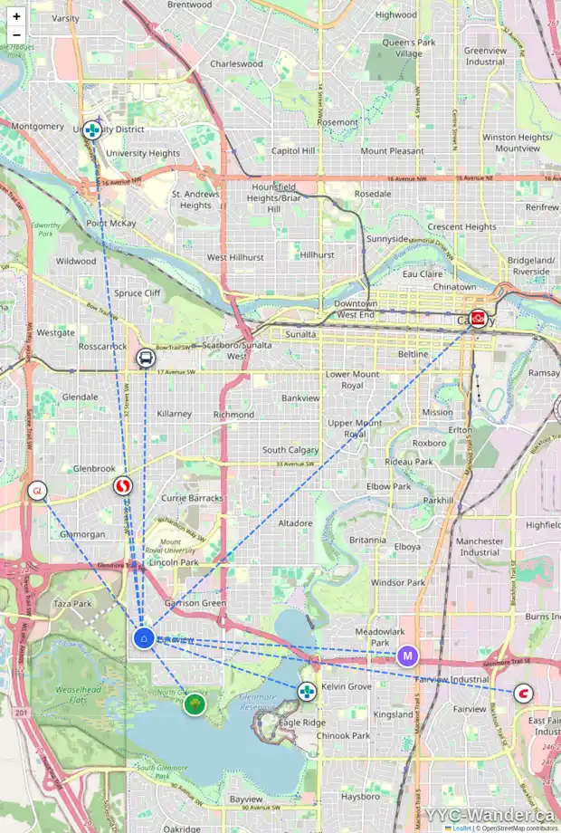 Daily accessibility map for 6115 34 ST SW, Calgary showing nearby schools, grocery stores, parks, LRT stations and nearby amenities