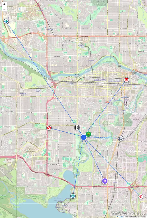 Daily accessibility map for 4124 CRESTVIEW RD SW, Calgary showing nearby schools, grocery stores, parks, LRT stations and nearby amenities