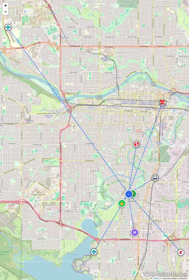 Daily accessibility map for 620 47 AV SW, Calgary showing nearby schools, grocery stores, parks, LRT stations and nearby amenities