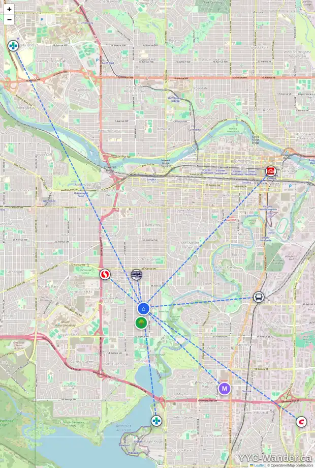Daily accessibility map for 4324 17 ST SW, Calgary showing nearby schools, grocery stores, parks, LRT stations and nearby amenities
