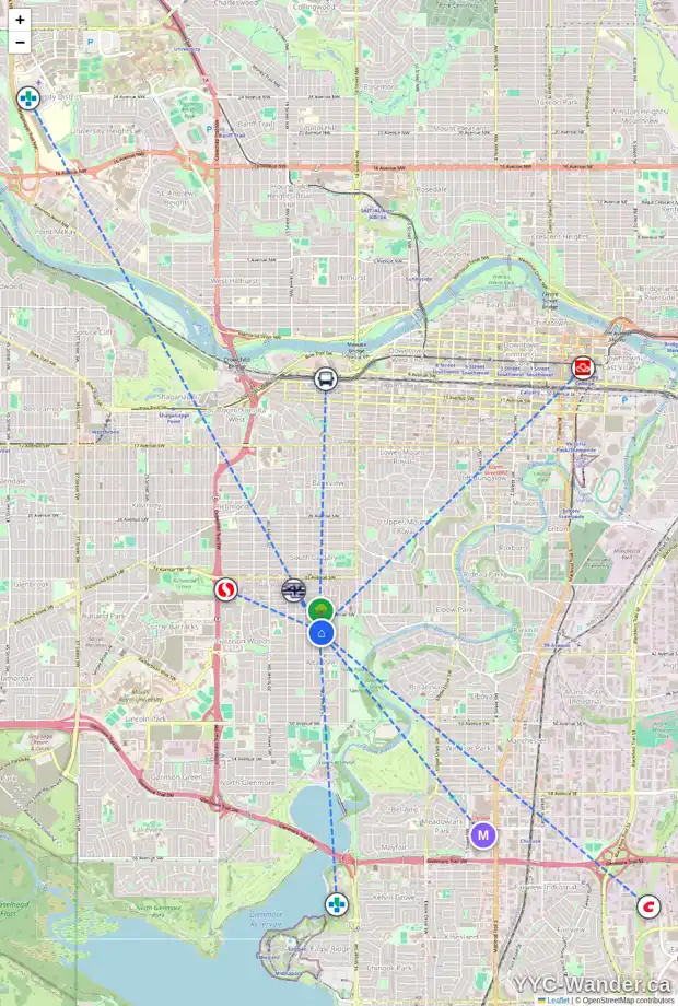 Daily accessibility map for 4019 16 ST SW, Calgary showing nearby schools, grocery stores, parks, LRT stations and nearby amenities