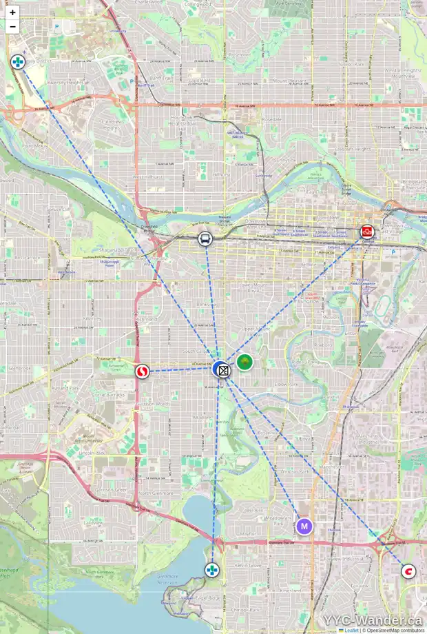Daily accessibility map for 1526 34 AV SW, Calgary showing nearby schools, grocery stores, parks, LRT stations and nearby amenities