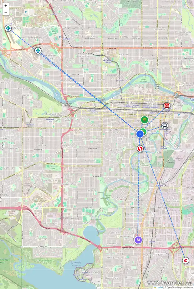 Daily accessibility map for 529 19 AV SW, Calgary showing nearby schools, grocery stores, parks, LRT stations and nearby amenities