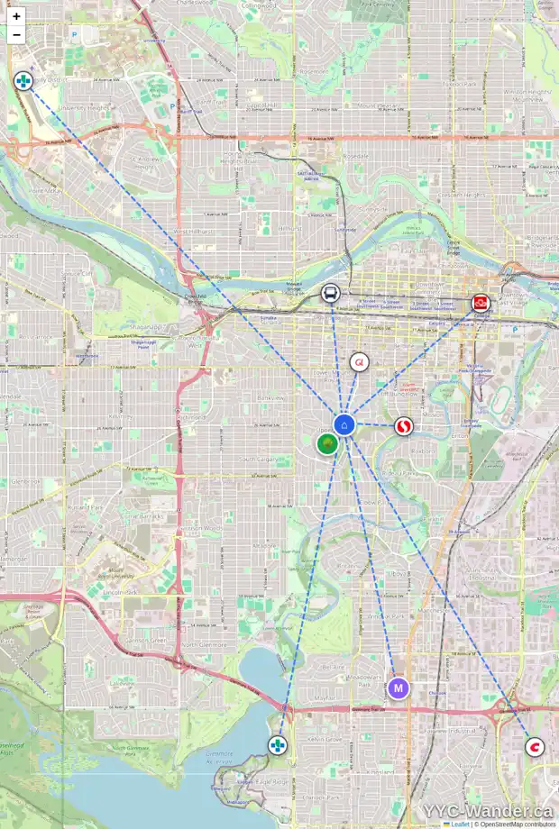 Daily accessibility map for 1020 DORCHESTER AV SW, Calgary showing nearby schools, grocery stores, parks, LRT stations and nearby amenities