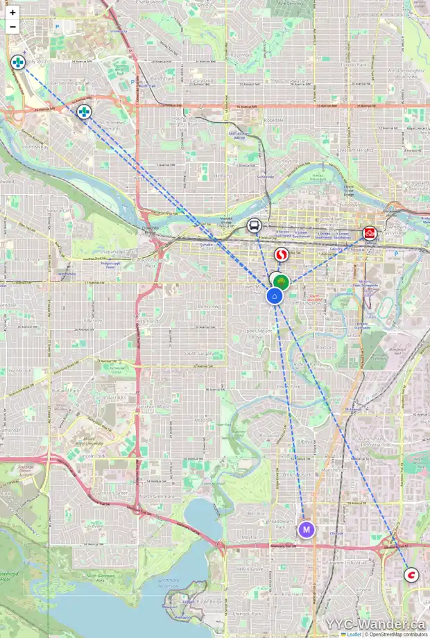 Daily accessibility map for 104 903 19 AV SW, Calgary showing nearby schools, grocery stores, parks, LRT stations and nearby amenities