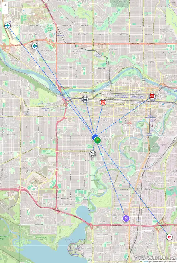 Daily accessibility map for 2749 WOLFE ST SW, Calgary showing nearby schools, grocery stores, parks, LRT stations and nearby amenities