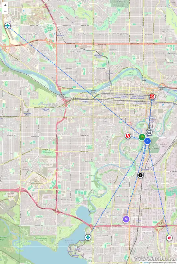 Daily accessibility map for 23 28 AV SW, Calgary showing nearby schools, grocery stores, parks, LRT stations and nearby amenities