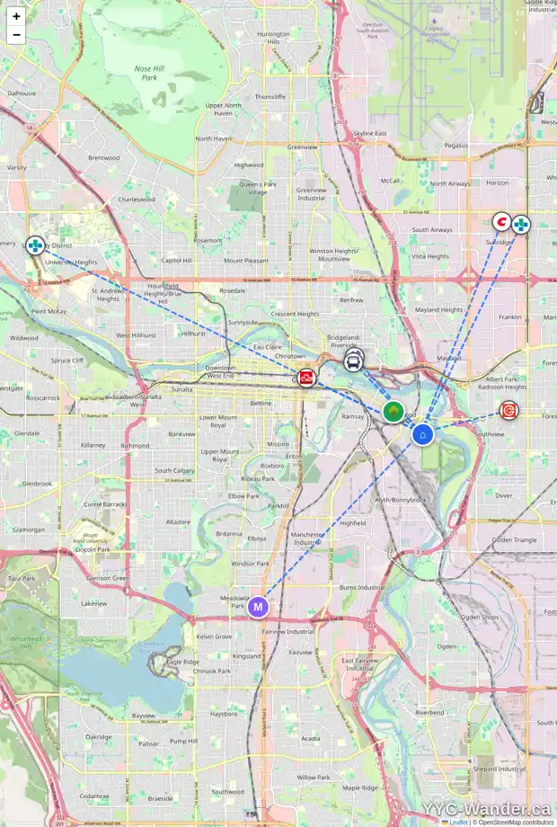 Daily accessibility map for 2001 9 AV SE, Calgary showing nearby schools, grocery stores, parks, LRT stations and nearby amenities