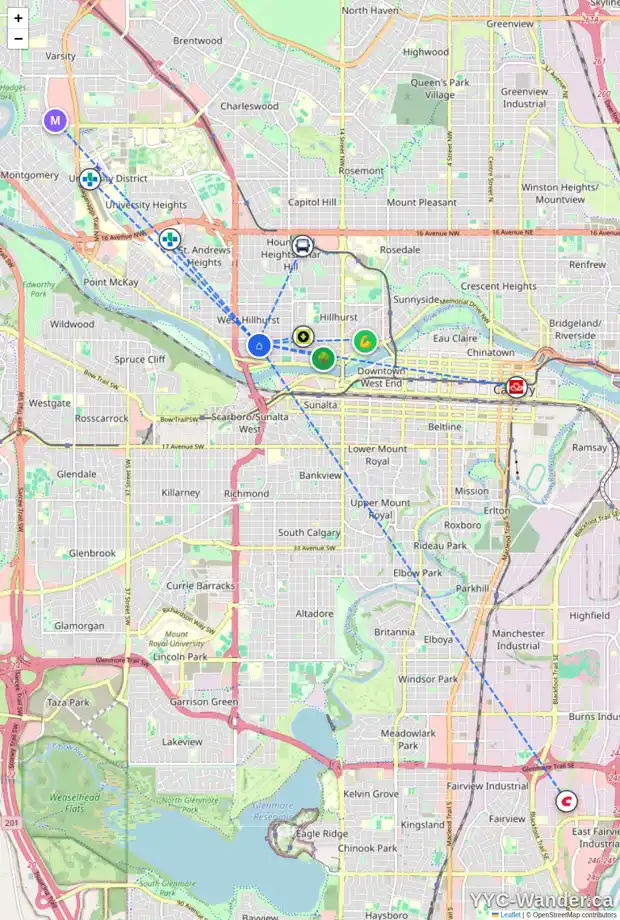 Daily accessibility map for 2301 WESTMOUNT RD NW, Calgary showing nearby schools, grocery stores, parks, LRT stations and nearby amenities