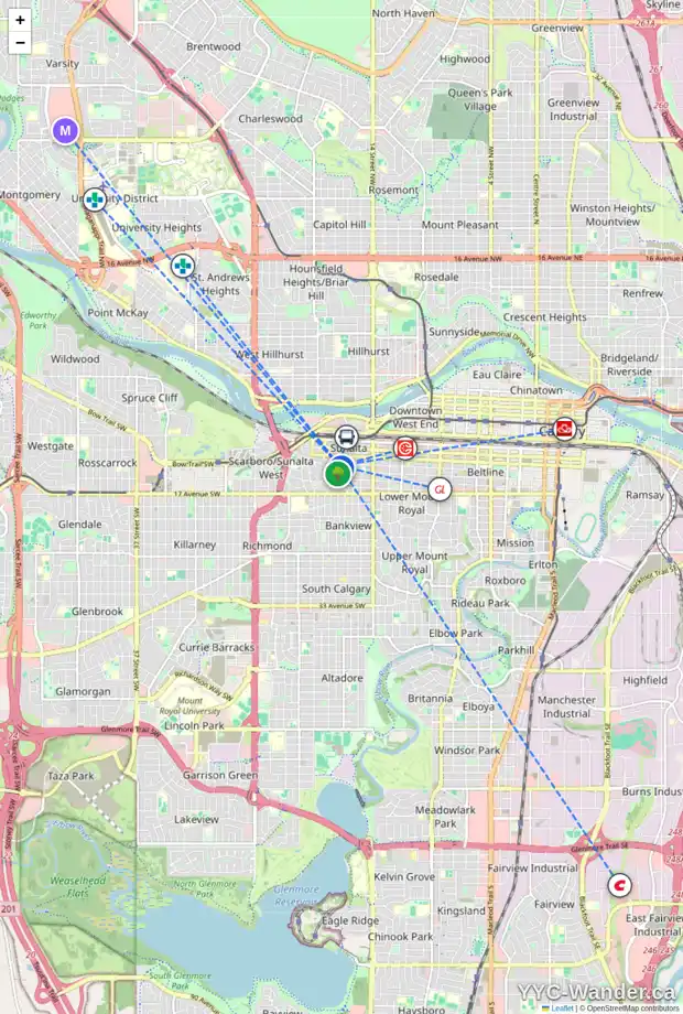 Daily accessibility map for 1733 13 AV SW, Calgary showing nearby schools, grocery stores, parks, LRT stations and nearby amenities