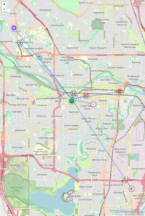 Daily accessibility map for 1739 13 AV SW, Calgary showing nearby schools, grocery stores, parks, LRT stations and nearby amenities