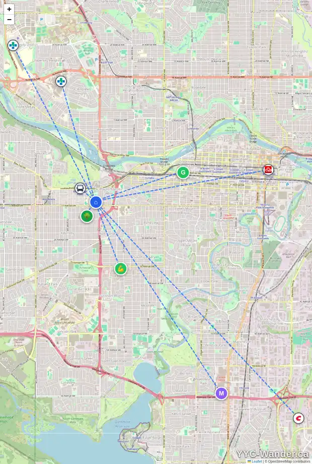 Daily accessibility map for 1721 24A ST SW, Calgary showing nearby schools, grocery stores, parks, LRT stations and nearby amenities
