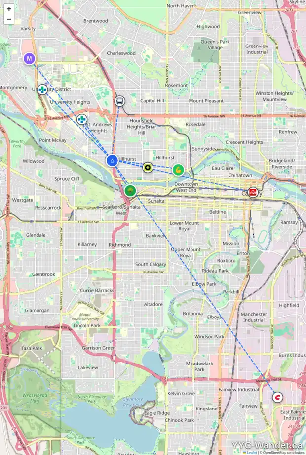 Daily accessibility map for 2523 3 AV NW, Calgary showing nearby schools, grocery stores, parks, LRT stations and nearby amenities