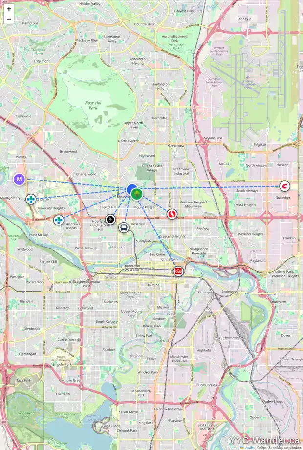 Daily accessibility map for 1215 ROSEHILL DR NW, Calgary showing nearby schools, grocery stores, parks, LRT stations and nearby amenities