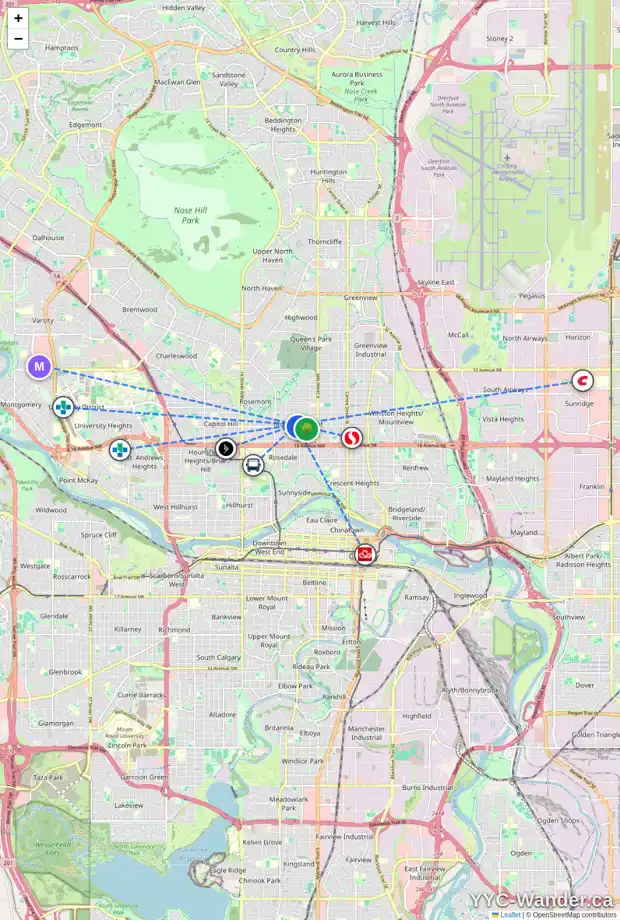 Daily accessibility map for 732 20 AV NW, Calgary showing nearby schools, grocery stores, parks, LRT stations and nearby amenities