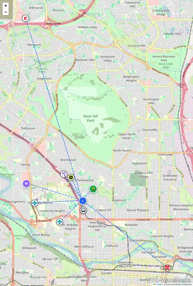 Daily accessibility map for 2416 25 AV NW, Calgary showing nearby schools, grocery stores, parks, LRT stations and nearby amenities