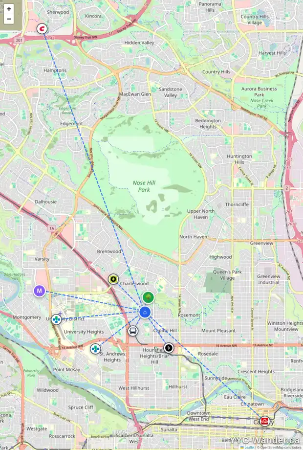 Daily accessibility map for 2635 MORLEY TR NW, Calgary showing nearby schools, grocery stores, parks, LRT stations and nearby amenities