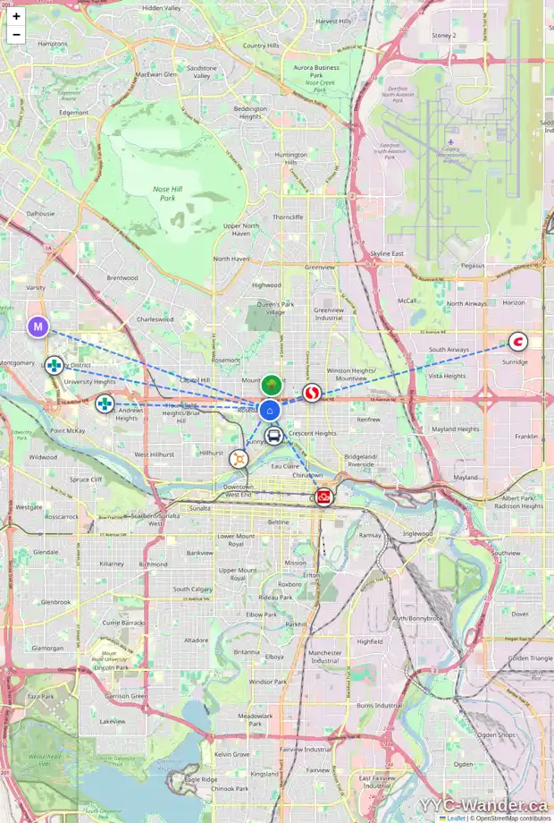 Daily accessibility map for 1431 6 ST NW, Calgary showing nearby schools, grocery stores, parks, LRT stations and nearby amenities