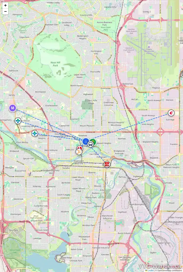 Daily accessibility map for 750 CRESCENT RD NW, Calgary showing nearby schools, grocery stores, parks, LRT stations and nearby amenities