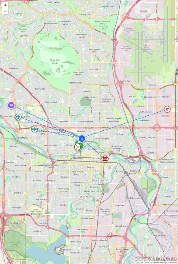 Daily accessibility map for 918 CRESCENT RD NW, Calgary showing nearby schools, grocery stores, parks, LRT stations and nearby amenities