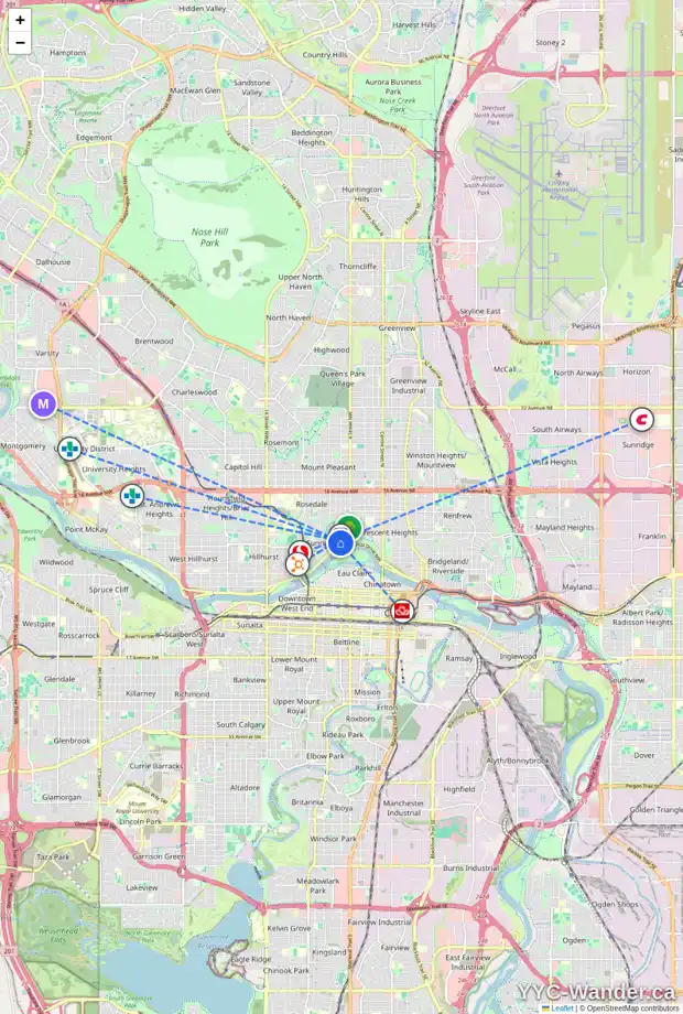 Daily accessibility map for 721 5 ST NW, Calgary showing nearby schools, grocery stores, parks, LRT stations and nearby amenities