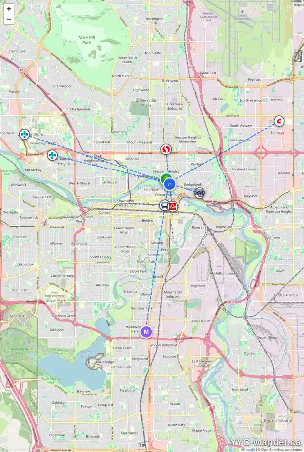 Daily accessibility map for 209 3 AV NE, Calgary showing nearby schools, grocery stores, parks, LRT stations and nearby amenities