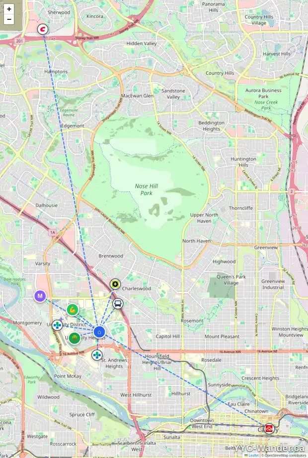 Daily accessibility map for 2403 UDELL RD NW, Calgary showing nearby schools, grocery stores, parks, LRT stations and nearby amenities