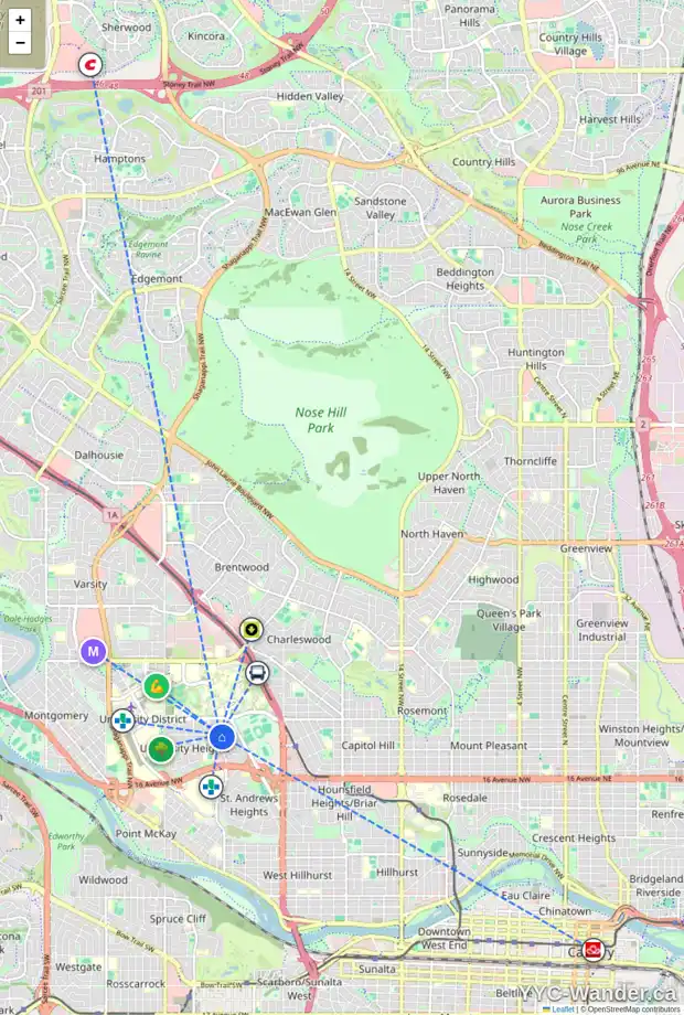 Daily accessibility map for 3020 UNDERHILL DR NW, Calgary showing nearby schools, grocery stores, parks, LRT stations and nearby amenities