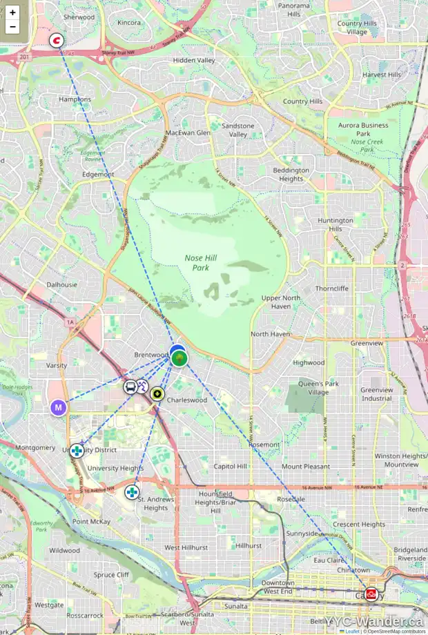 Daily accessibility map for 4624 26 ST NW, Calgary showing nearby schools, grocery stores, parks, LRT stations and nearby amenities
