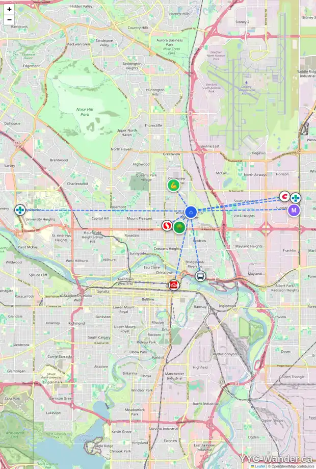 Daily accessibility map for 2419 7 ST NE, Calgary showing nearby schools, grocery stores, parks, LRT stations and nearby amenities