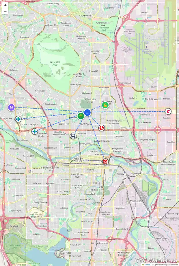Daily accessibility map for 650 29 AV NW, Calgary showing nearby schools, grocery stores, parks, LRT stations and nearby amenities