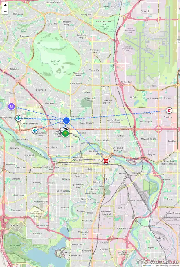 Daily accessibility map for 2310 16 ST NW, Calgary showing nearby schools, grocery stores, parks, LRT stations and nearby amenities