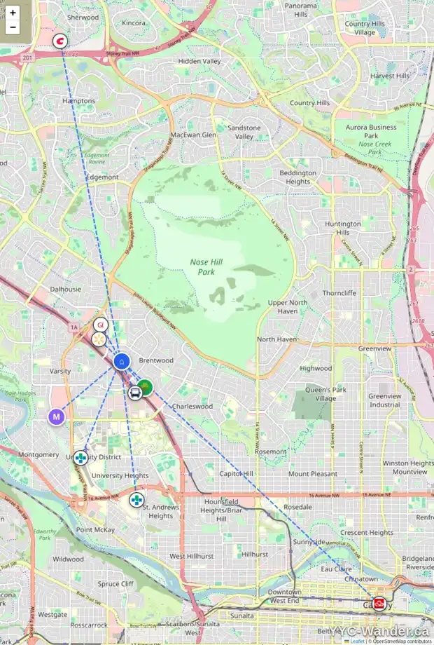 Daily accessibility map for 3404 BOULTON RD NW, Calgary showing nearby schools, grocery stores, parks, LRT stations and nearby amenities