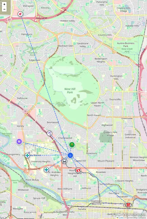 Daily accessibility map for 2204 24 AV NW, Calgary showing nearby schools, grocery stores, parks, LRT stations and nearby amenities