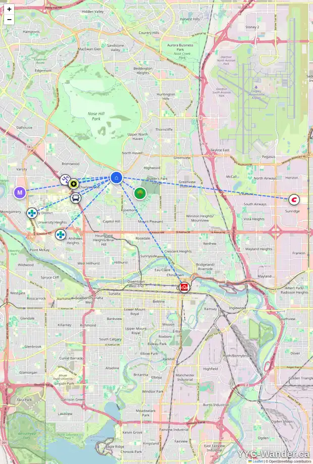 Daily accessibility map for 4023 COMANCHE RD NW, Calgary showing nearby schools, grocery stores, parks, LRT stations and nearby amenities