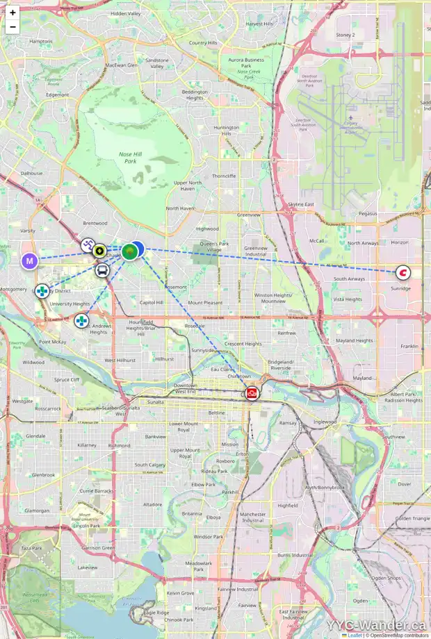 Daily accessibility map for 39 CUTHBERT PL NW, Calgary showing nearby schools, grocery stores, parks, LRT stations and nearby amenities