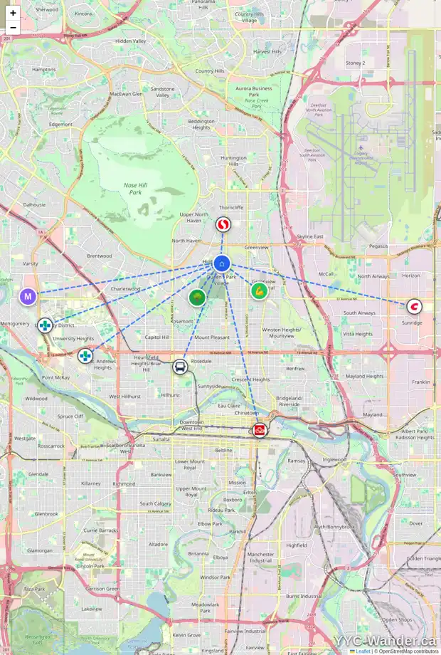 Daily accessibility map for 56 HARTFORD RD NW, Calgary showing nearby schools, grocery stores, parks, LRT stations and nearby amenities