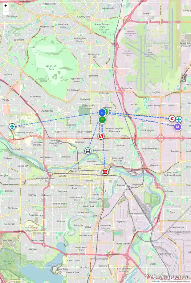 Daily accessibility map for 120 34 AV NE, Calgary showing nearby schools, grocery stores, parks, LRT stations and nearby amenities