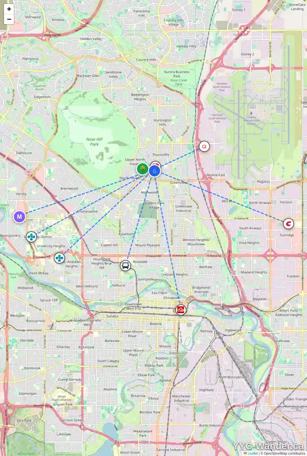 Daily accessibility map for 612 TRAFFORD DR NW, Calgary showing nearby schools, grocery stores, parks, LRT stations and nearby amenities
