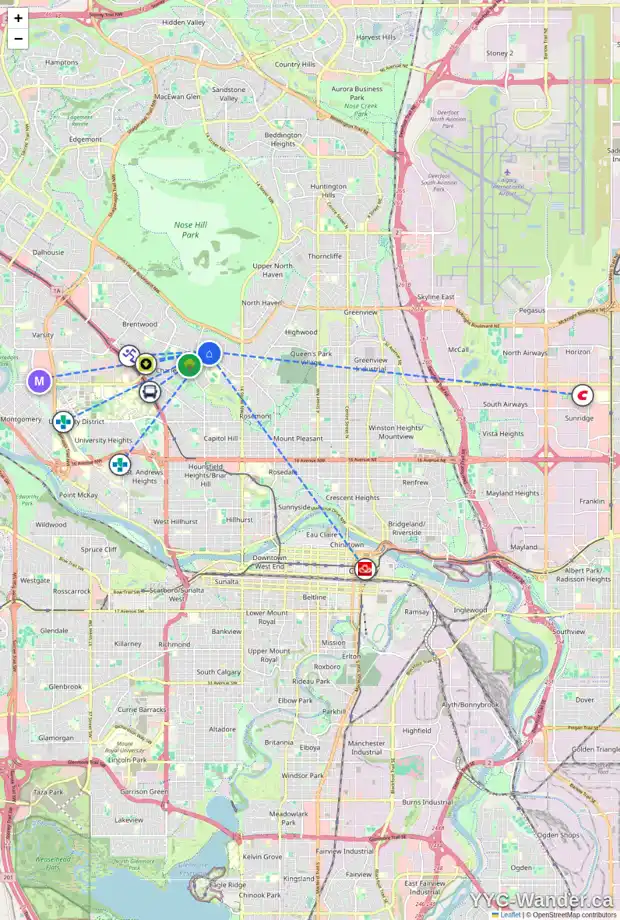 Daily accessibility map for 72 CANYON DR NW, Calgary showing nearby schools, grocery stores, parks, LRT stations and nearby amenities