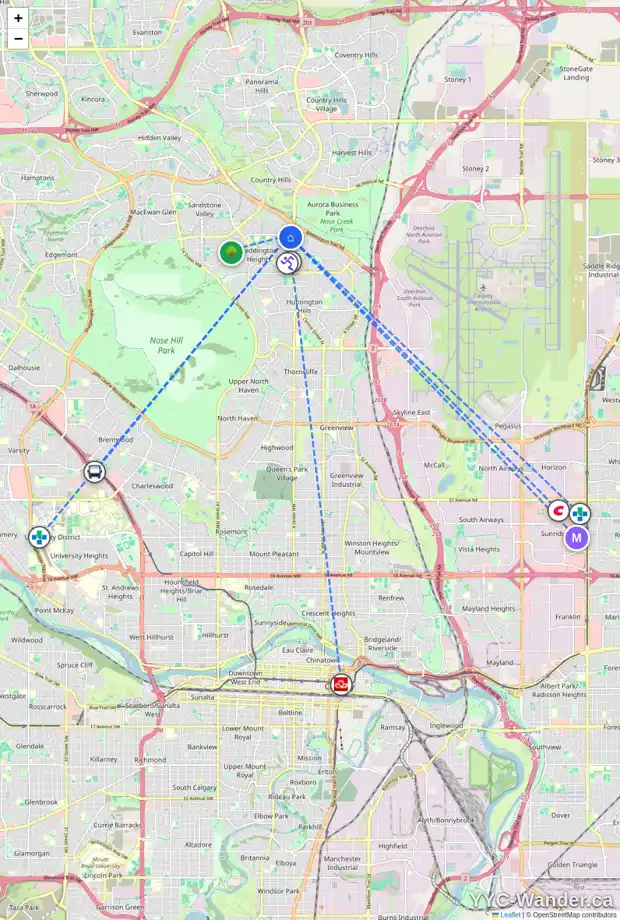 Daily accessibility map for 32 BERGEN CR NW, Calgary showing nearby schools, grocery stores, parks, LRT stations and nearby amenities