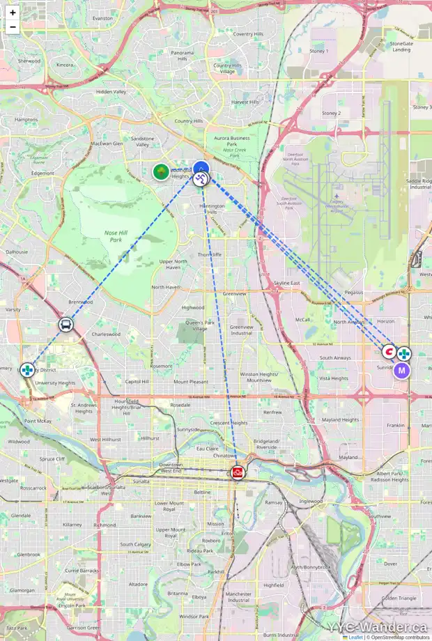 Daily accessibility map for 108 BERGEN CR NW, Calgary showing nearby schools, grocery stores, parks, LRT stations and nearby amenities